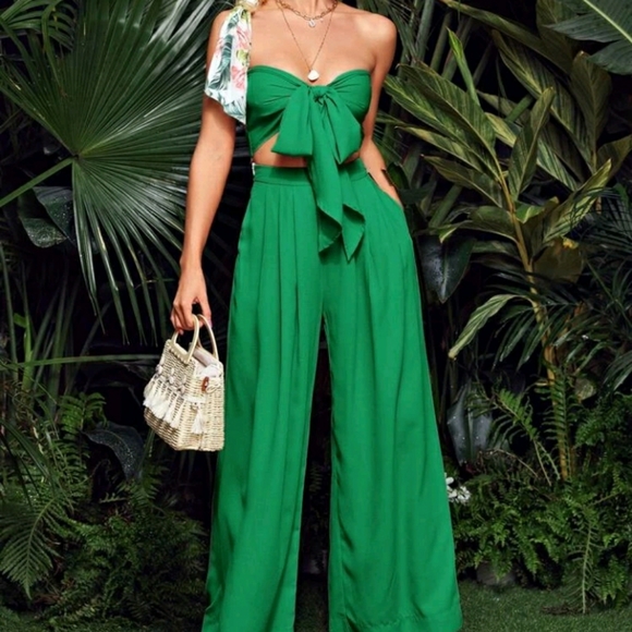 Tie front tube top with wide leg pants set